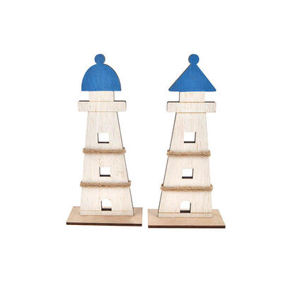 White And Blue Rustic Wooden Craft Lighthouse Nautical Decor