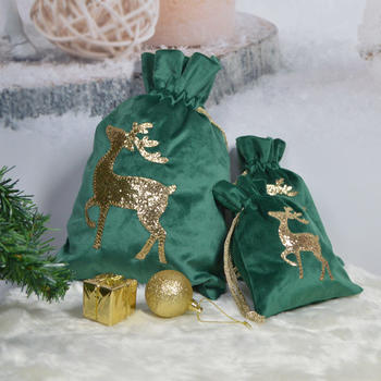 Gold Reindeer Christmas Flannel Draw String Gift Sacks