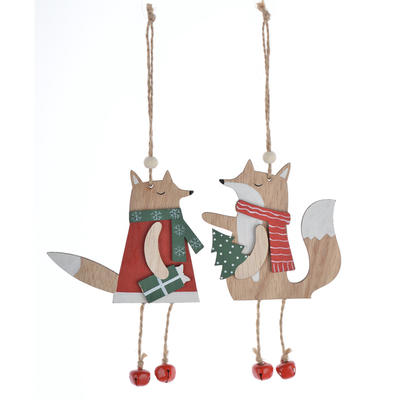 Wooden  Wearing Scarf Fox Hanging Christmas Ornament