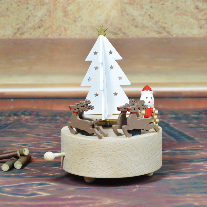 Wooden Crafts rotating Santa elk and Christmas tree music box