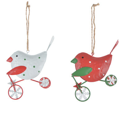 Hand-painted metal bird rides a bicycle pendant