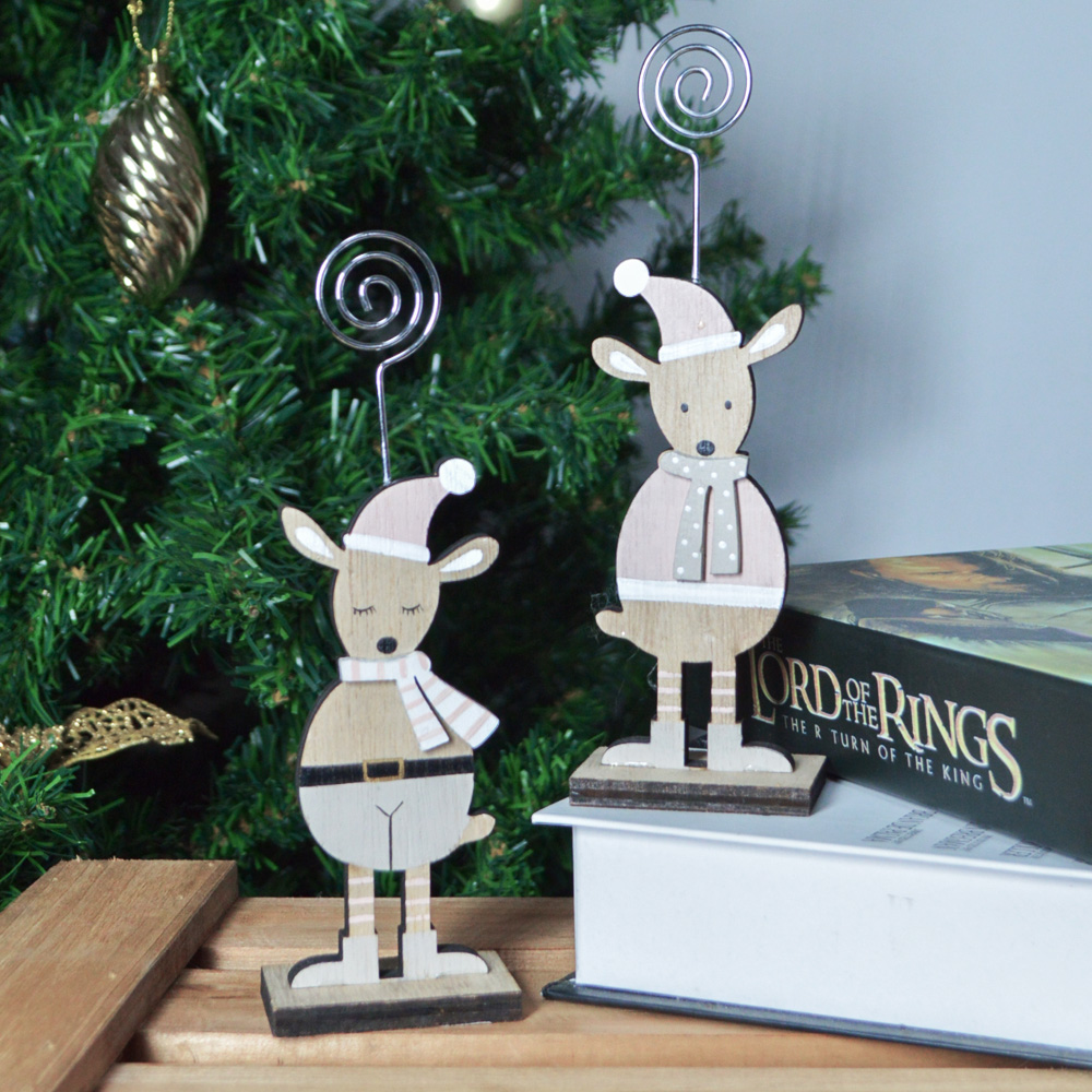 Christmas Place Card Holder Deer Shape Printed Wooden Table Number Menu Paper Meno Note Clips Holder for Holiday