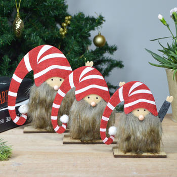 Handmade Wooden Gnome Santa Elf Dwarf long beard plush tabletop christmas decoration