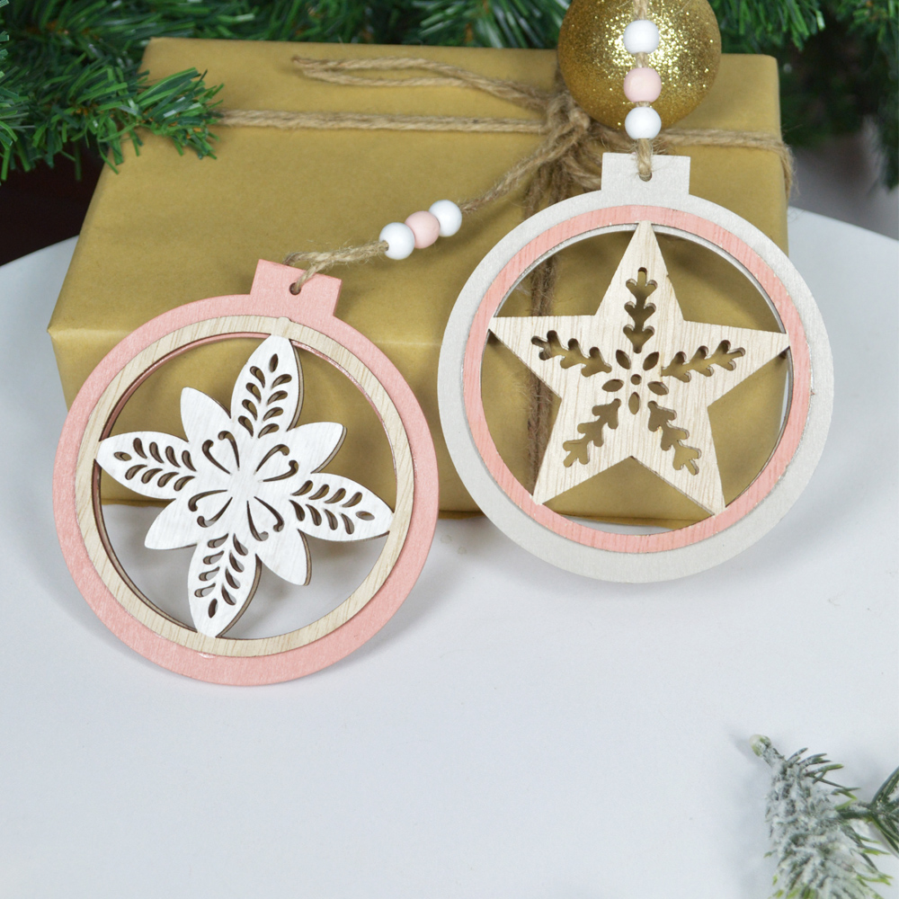 Wooden ball hollowed-out snowflake pendant, Christmas tree ornament