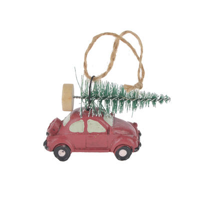 Christmas craft decoration red car carrying tree ornament polyresin hanging