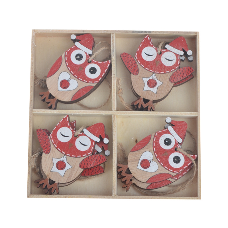 Set of 8pc wooden owl christmas tree hanging  ornaments