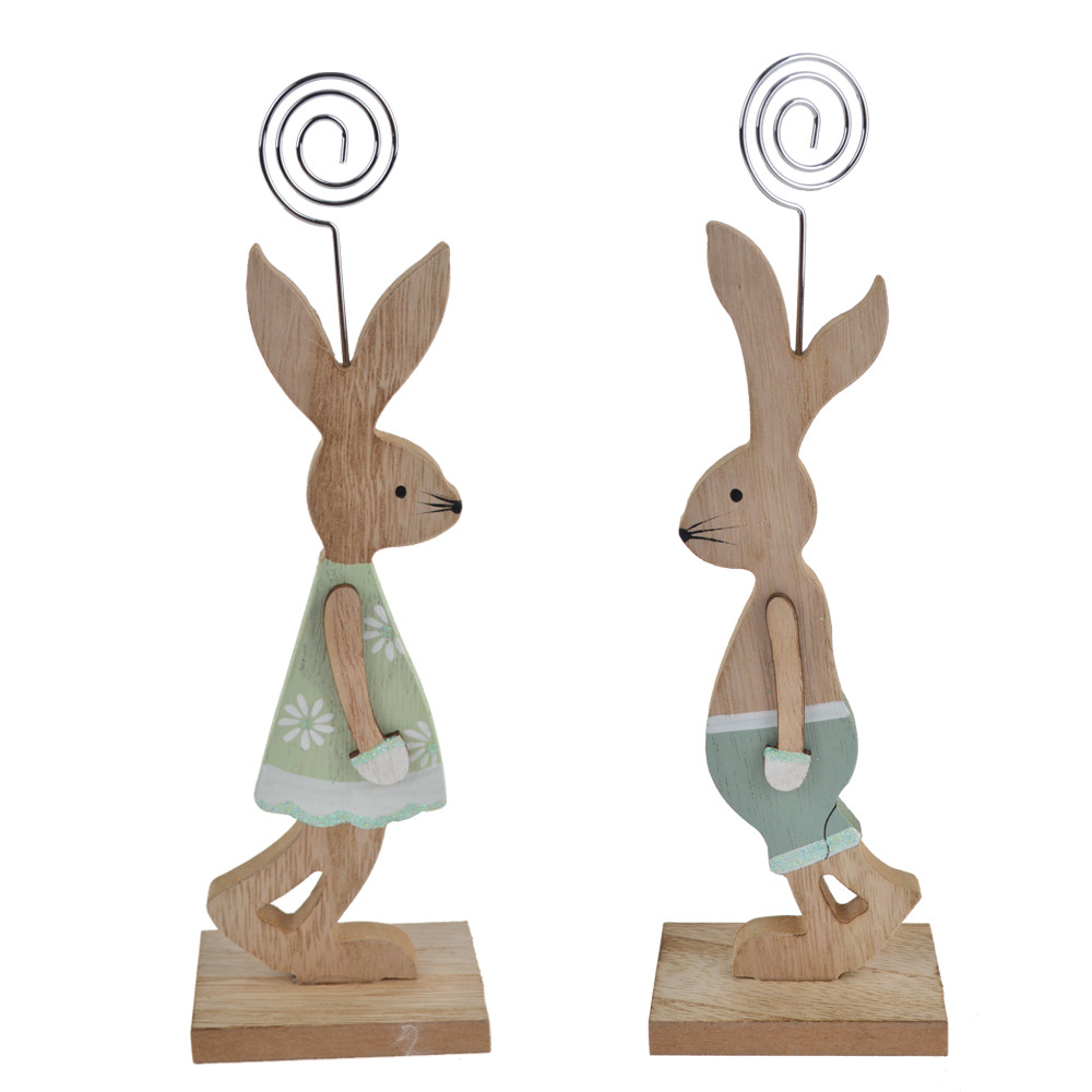 Festival decoration card holders with swirl wire wooden rabbit craft stand photo picture note clip holder