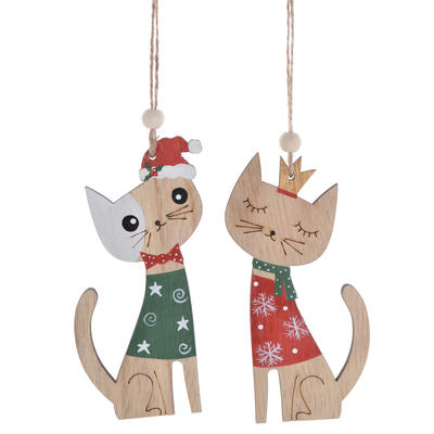 2020 Wooden Natural winter Christmas kitten hanging with hat for kids gift