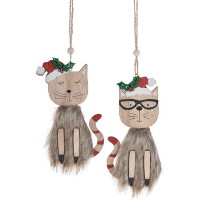 Wooden winter soft fluffy cat wears Christmas hat pendant