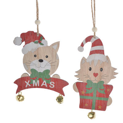 Wooden winter XMAS bear and kitten bell pendants