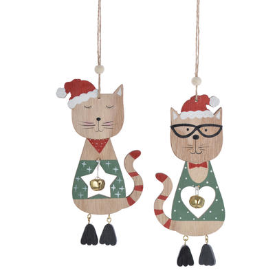 Wooden winter cute cat with christmas hat bell pendant