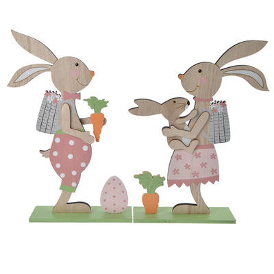 Loving rabbit family wooden bunny holding a baby carrot Easter decoration