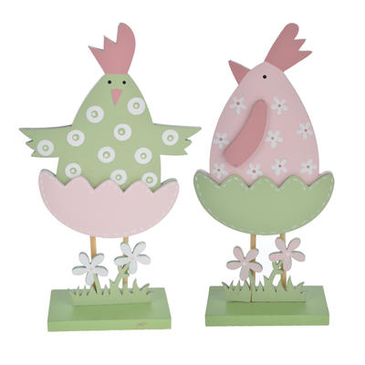 Spring Easter decor wooden chicken broke out of its shell scene