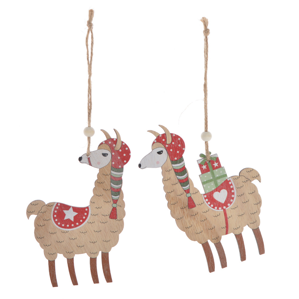 Wooden winter goats carry Christmas gifts hanging ornaments