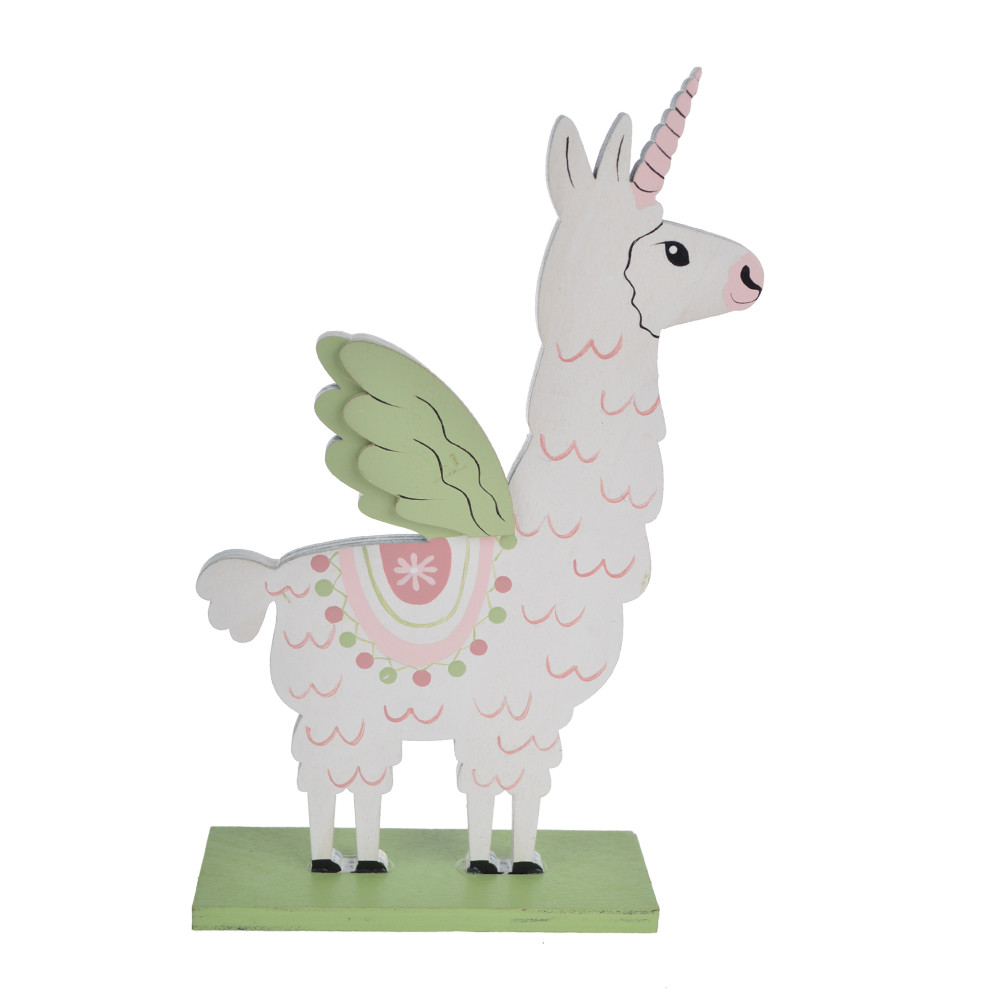 Wooden alpaca with one-horned flying wings handmade mini Easter ornament