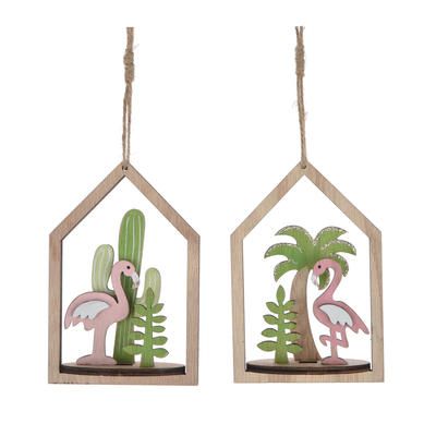 Summer gift wooden house hanger plam /crane  pattern inside festival ornament