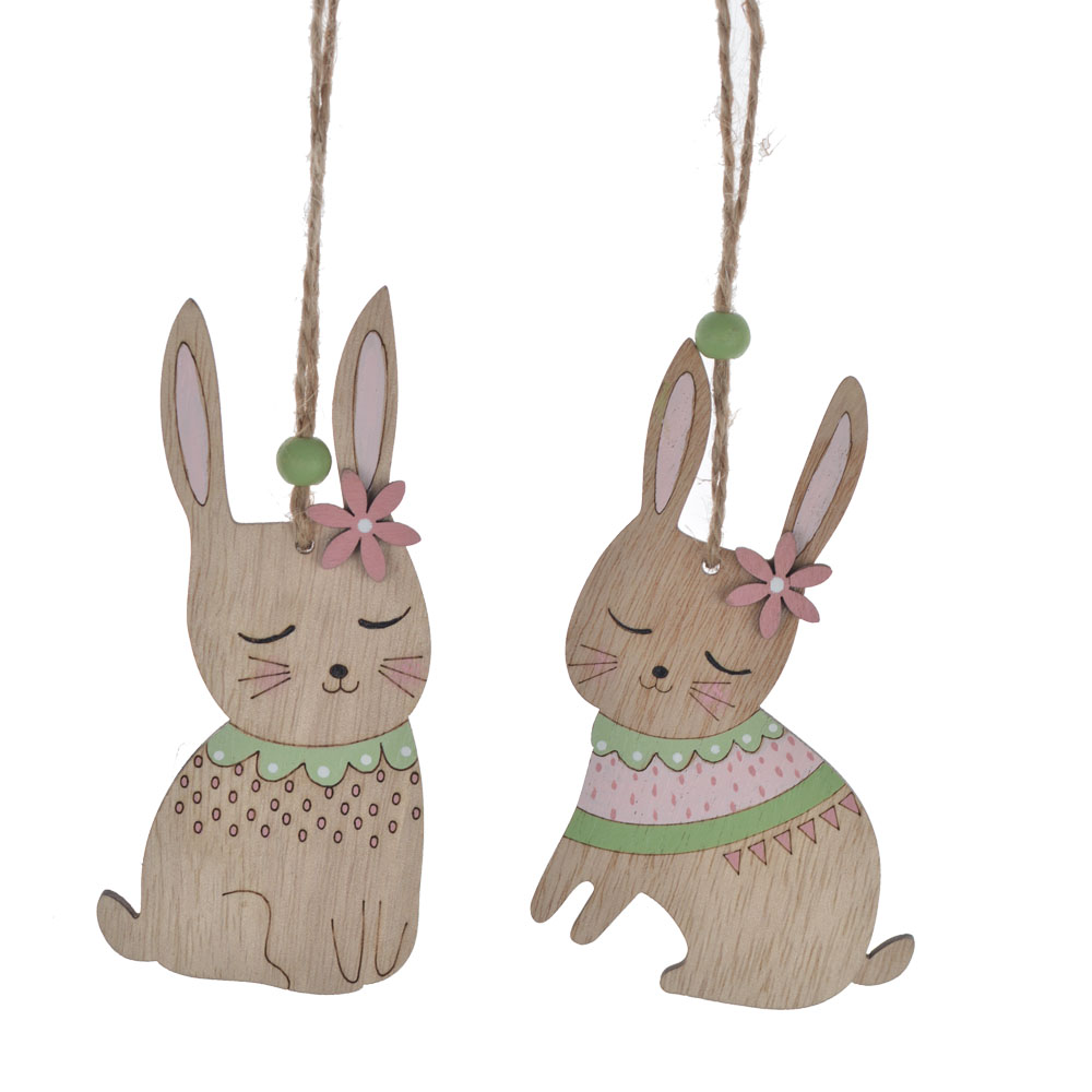 wooden Easter rabbit with flower on head wood ornament