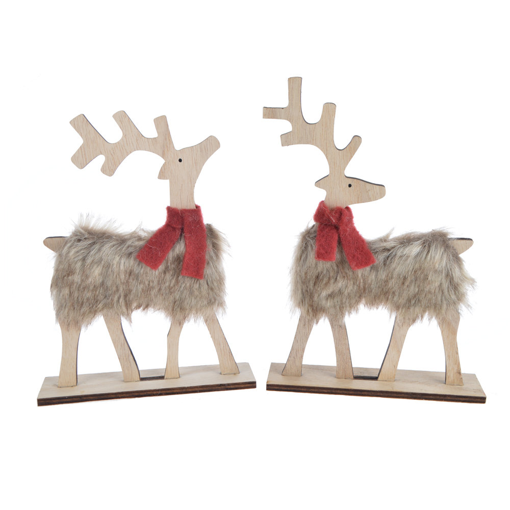 wooden standing Furry Reindeer Pom-Pom tabletop christmas Ornament