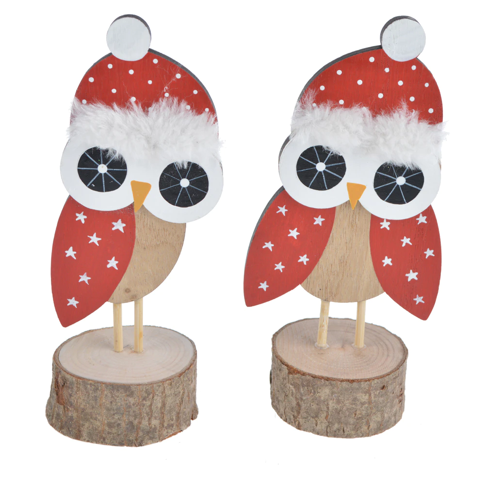 2020 new style tabletop decor cute standing red owl with hat wood base kids room gift christmas decoration