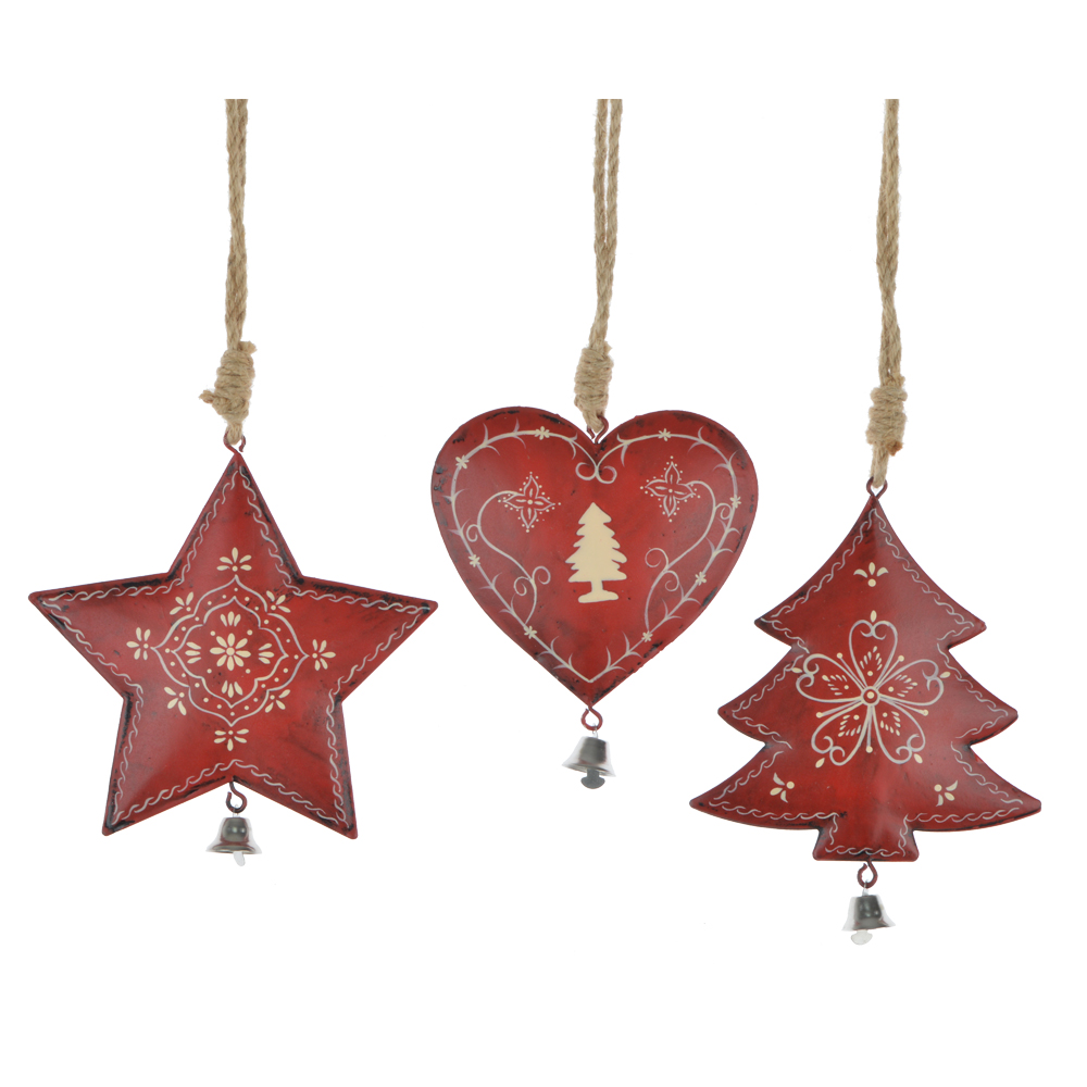 2020 new decoration christmas red color metal heart star Christmas tree hangers with jingle bells