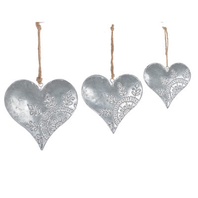 rustic small silver hanging metal heart shaped christmas ornament