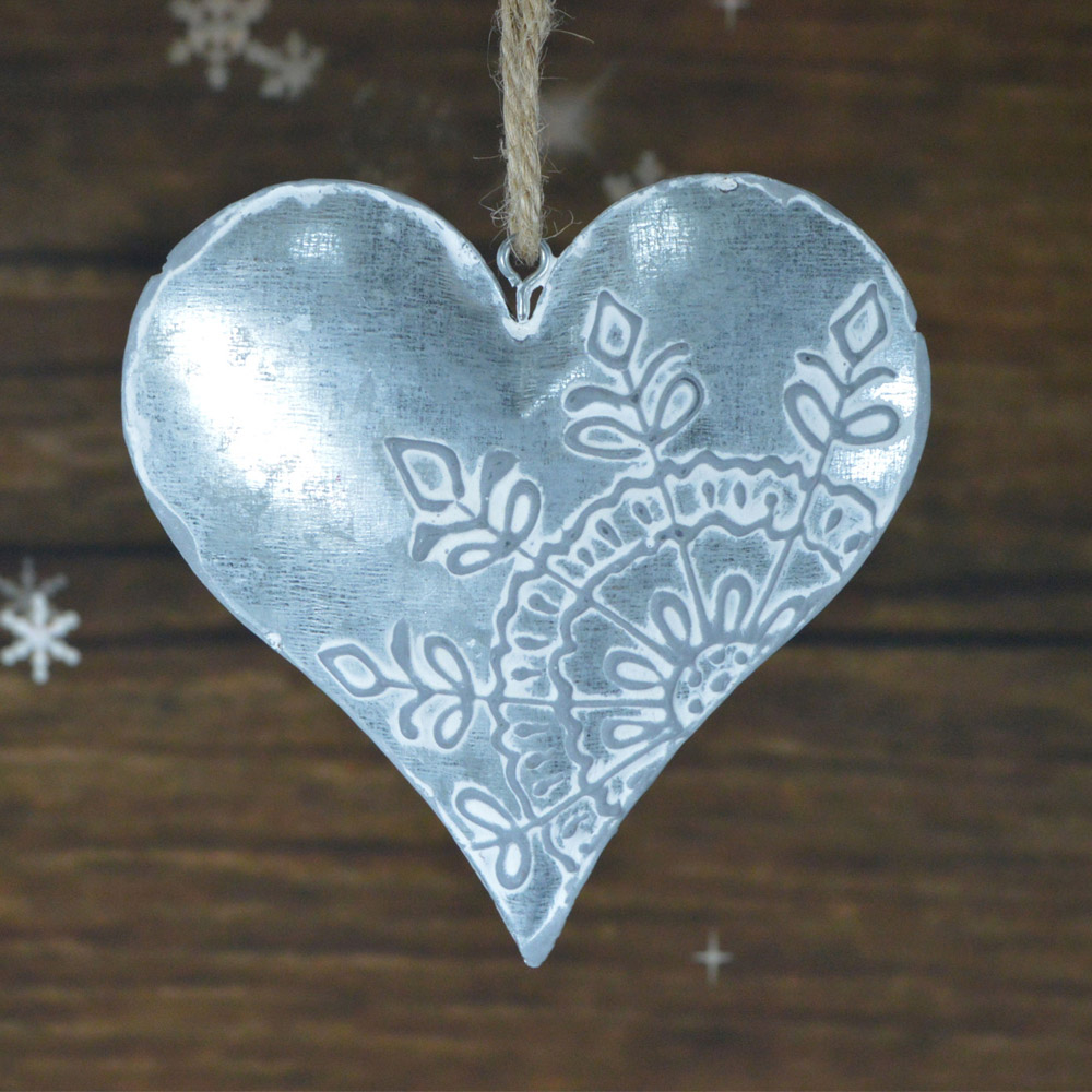 Rustic Small Silver Hanging Metal Heart Shaped Christmas Ornament ...