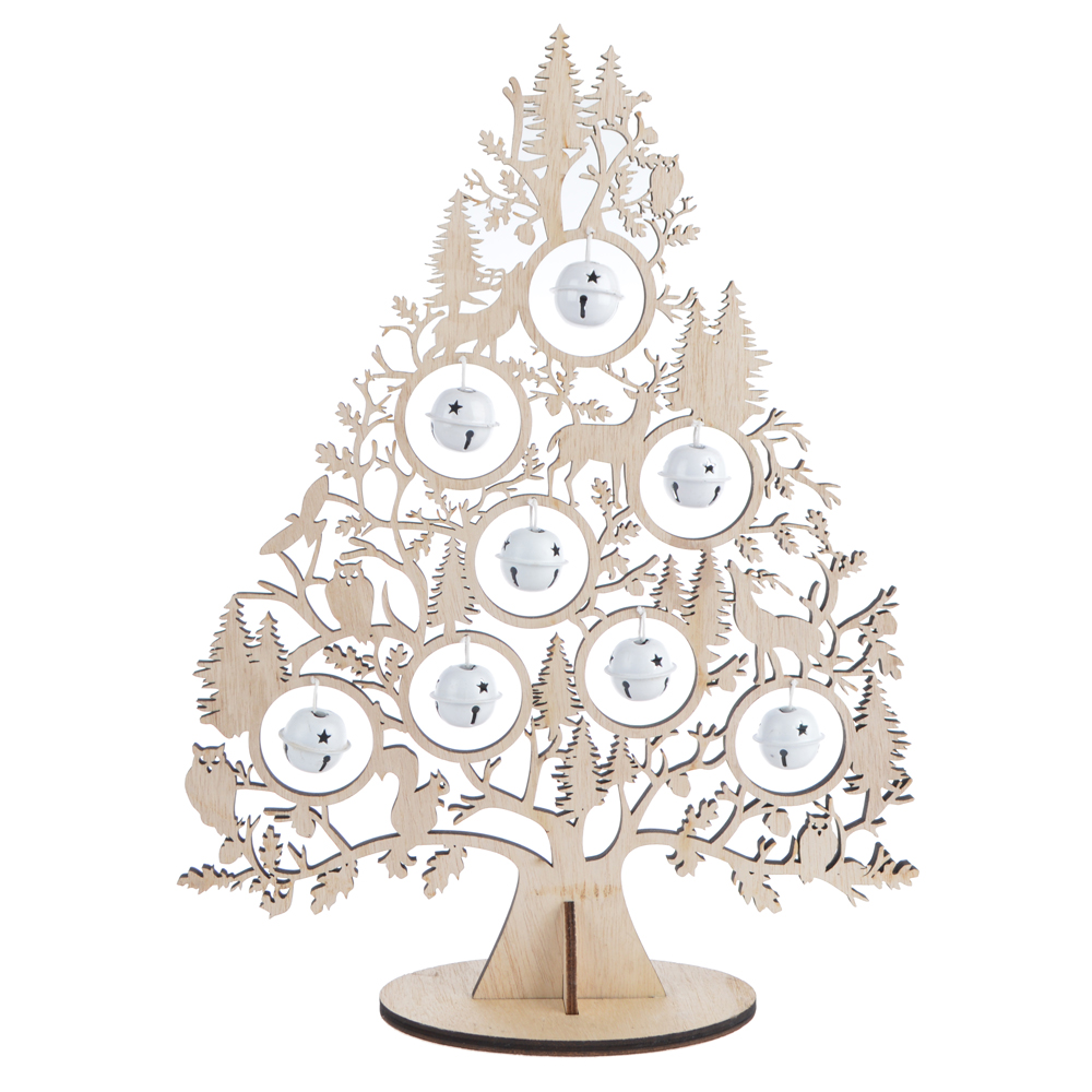Xmas room decoration festive season standing table top small wood Christmas tree will bell ornament