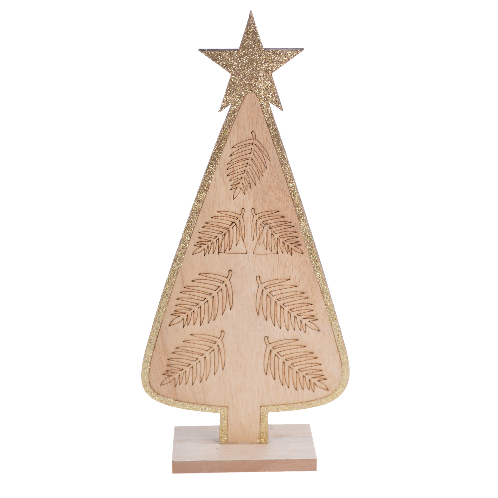Festive home decor Christmas gifts favors natural wooden Christmas tree glitter star top ornament
