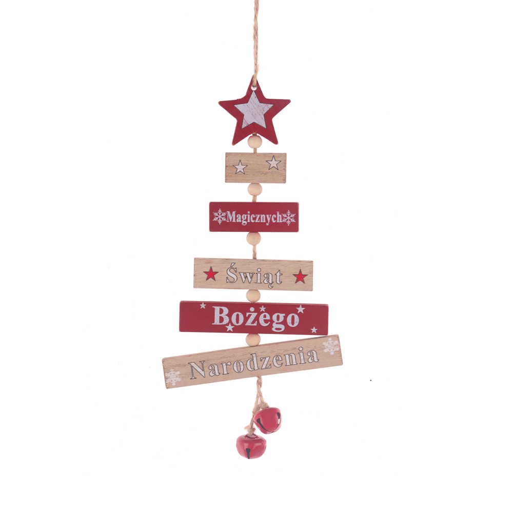 Factory wood natural red color rectangle set up a tree shape hanger with star bell festival hanging pendant drop ornament