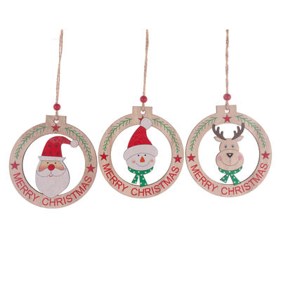 wholesales supplier wooden round shape snowman deer santa pattern hollow out pendant wood drop christmas ornament