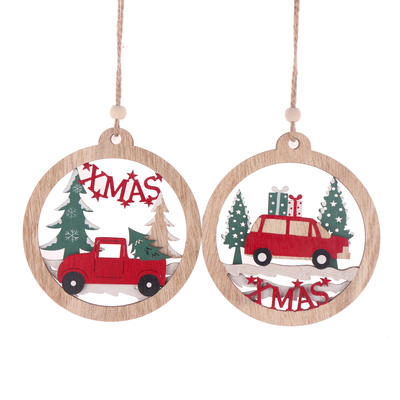 Factory Wooden Round Pendant Wall Ornament Christmas Tree Hanging Decoration with Colorful Car Design for Living Room Bedroom Dining Room