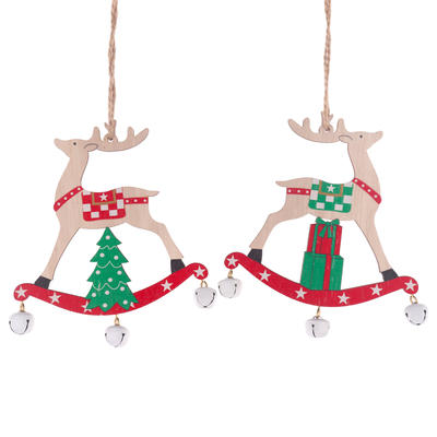Factory Wooden Deer Pendants Decorations Xmas Wooden Hanger Christmas Tree Wood Painted elk with bell drop ornament