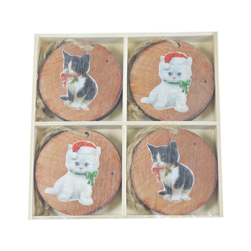 Wooden cut holiday gift tags with string wood round bauble cat pattern hanging