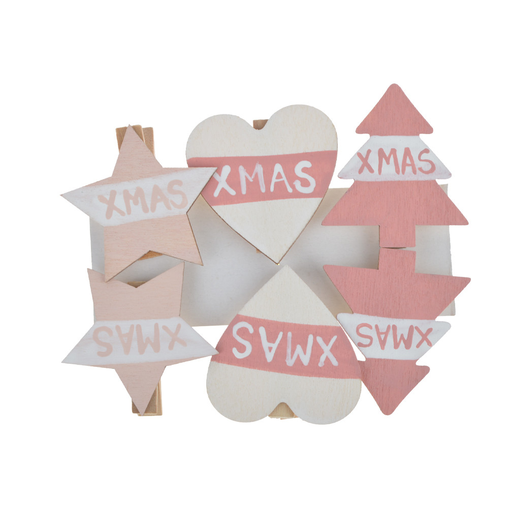 China Factory Pink Heart Star Tree Card Holder Pegs Wooden Christmas Decor DIY Advent Xmas Greeting Decoration 6pcs