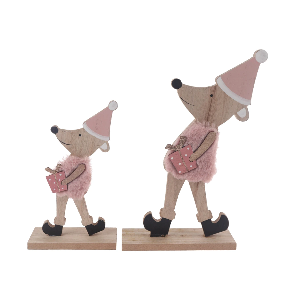 Home decor supplies Wooden Christmas decoration pink mouse custom size crafts office table ornaments window decor
