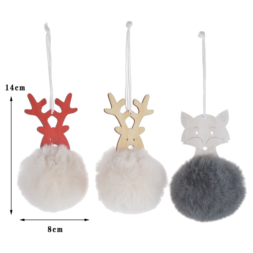 Manufacturer Reindeer fox with fluff ball wooden decoration wood garden house ornaments Christmas pendant with wooden