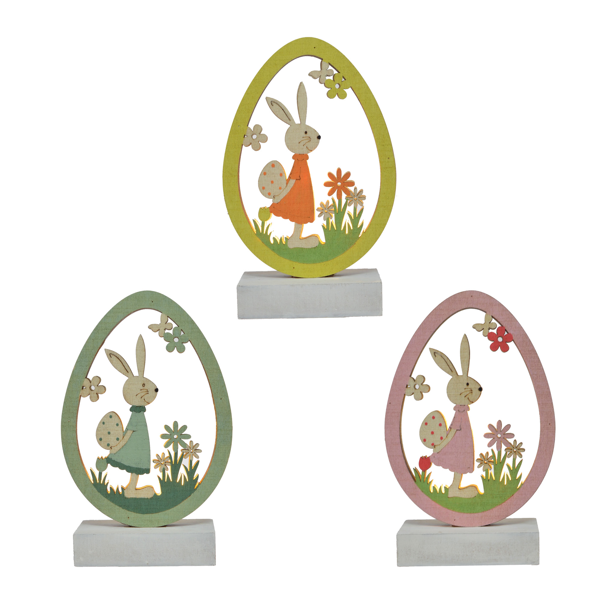 Wholesale Easter LED Wood Ornaments Egg Shape With Bunny Rabbit For Easter Party Tabletop Decorations
