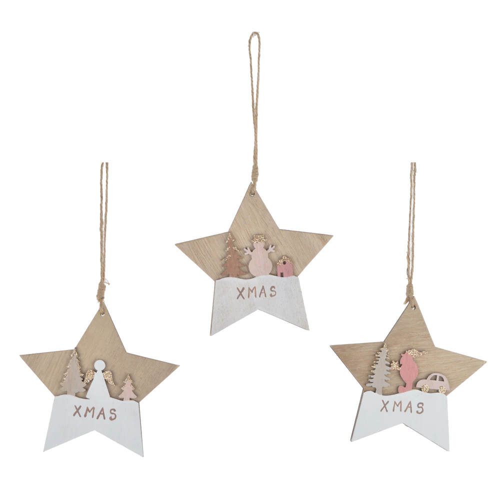 Wooden Star Shaped Ornaments With  Snowman Angels Santa On Stars christmas decoration