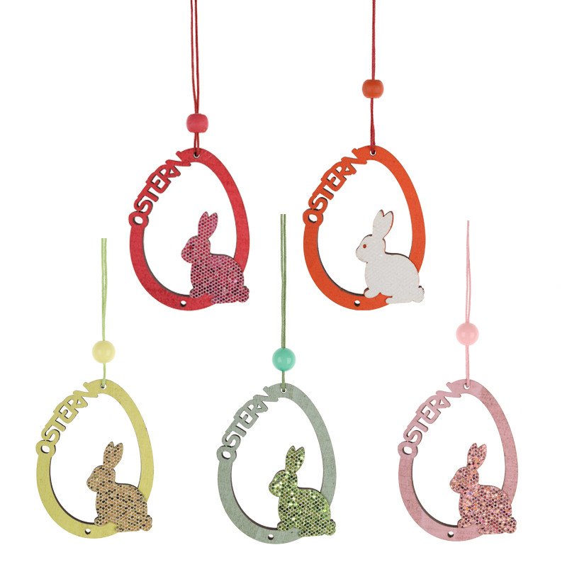 Wholesale Wooden Easter hanging egg ornaments rabbit pendant lettering decorations