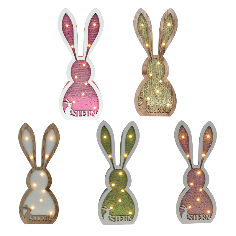 Wholesale wooden Easter led lights LED rabbit decoration led night lights with sequin ornament