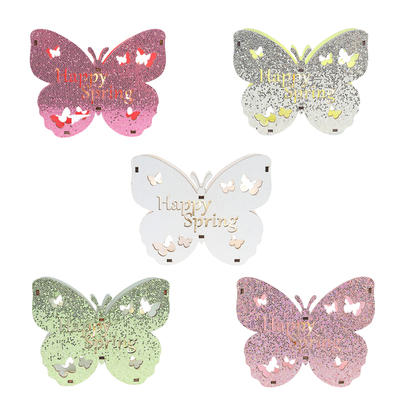 High quality Happy Spring Led Easter wooden decoration butterfly shape with applique sequin
