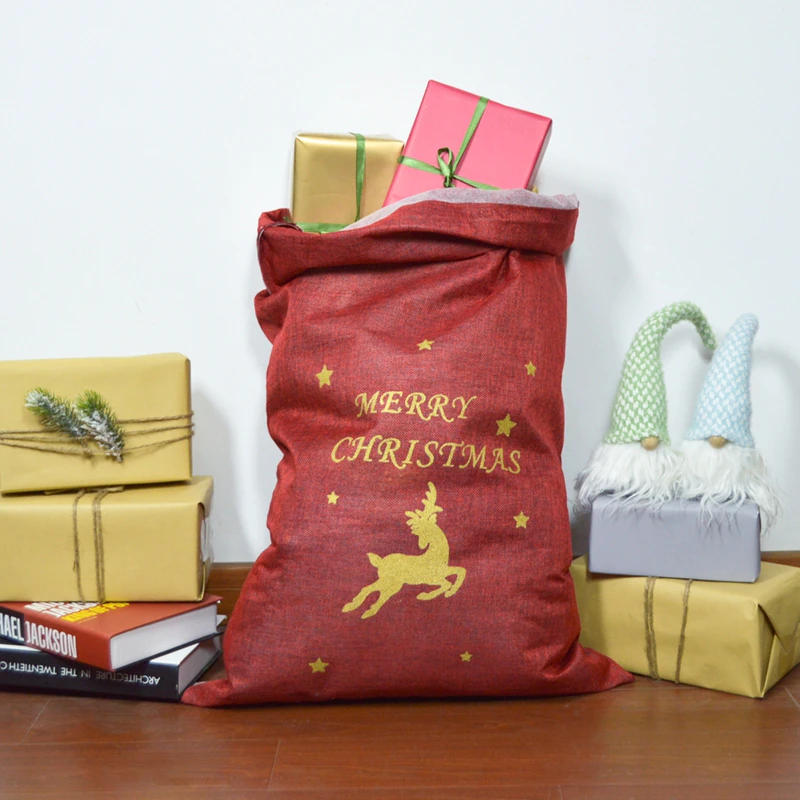 Drawstring Christmas gift bags deer jute Bags for holiday