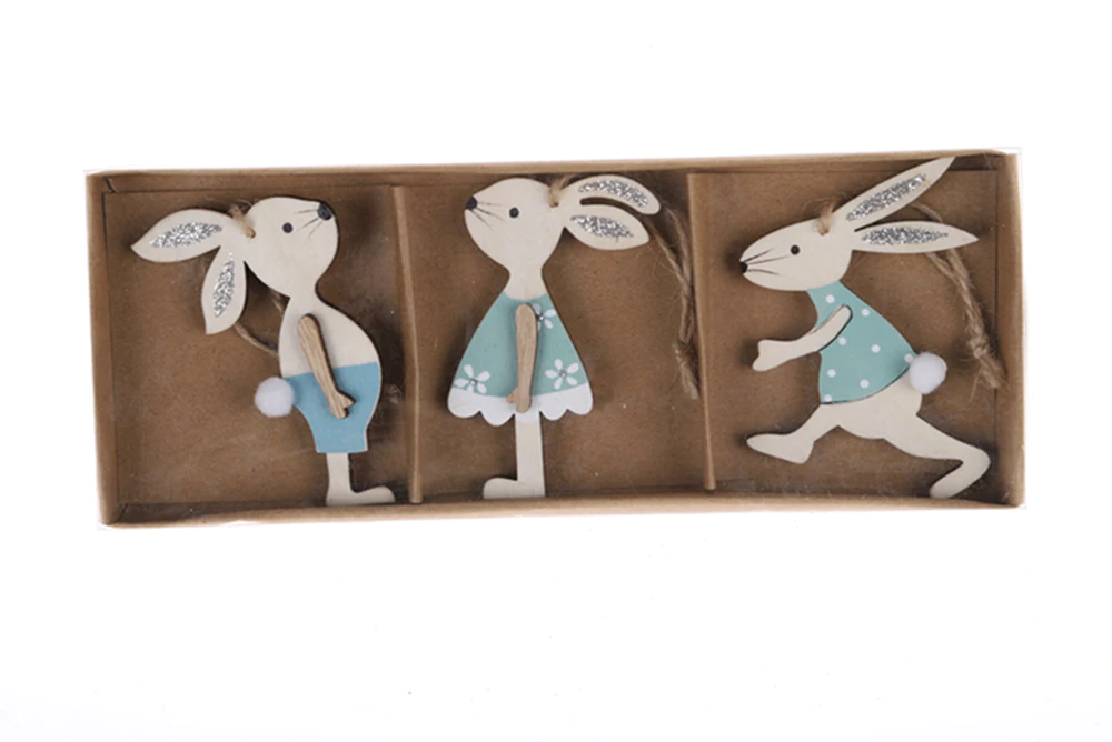 3 PCS/SET Happy Easter Party Decor Wooden Easter Bunny Egg Rabbit Pendant Craft  Hanging Ornament