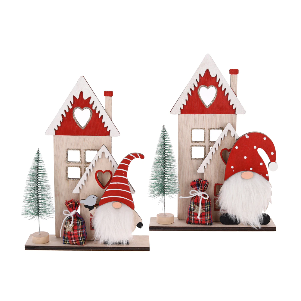 Christmas Wooden House with Bottle Brush Tree Gnome Decorations