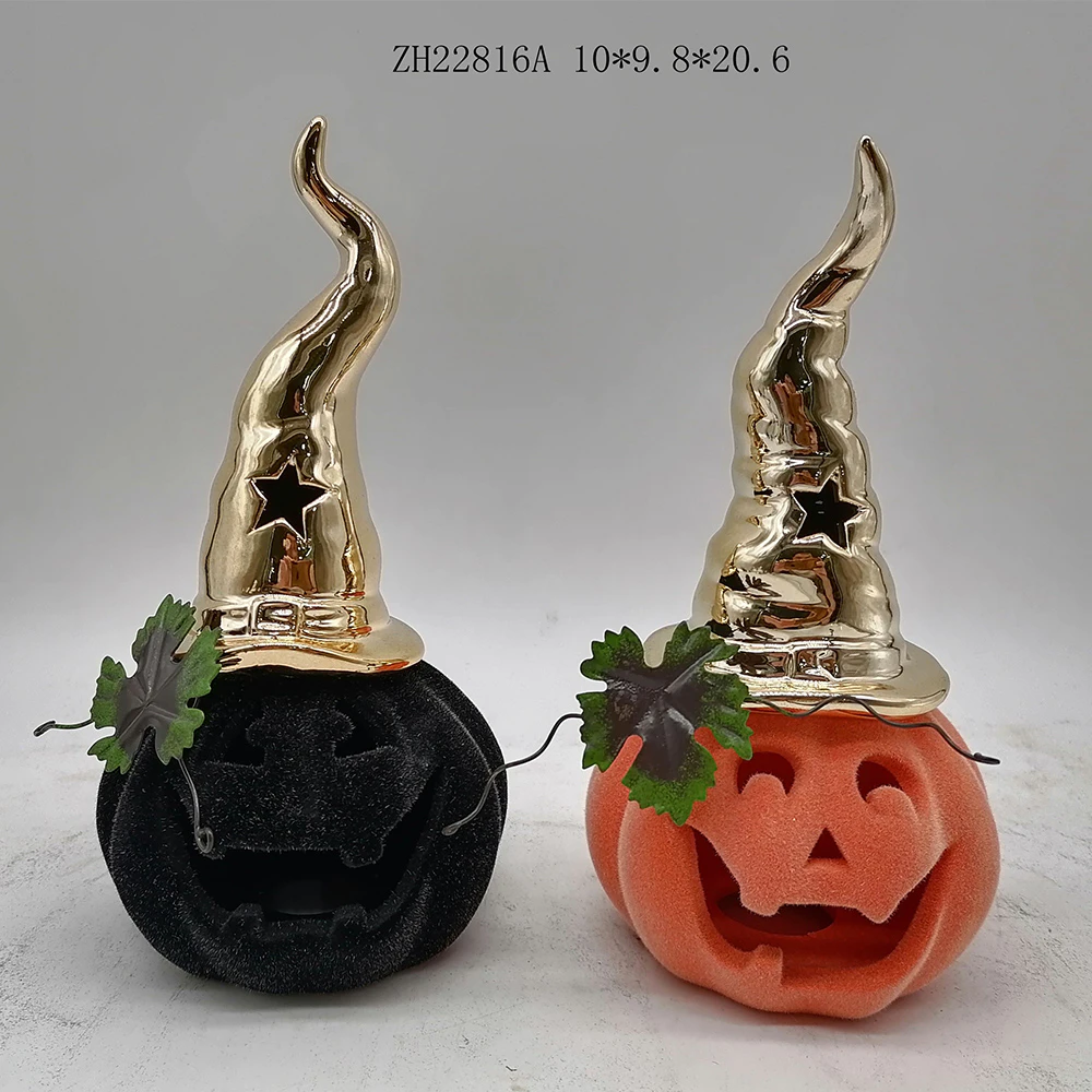 Tangchen Wearing Hats Pumpkin Ceramic Plush Crafts Halloween Atmosphere Decoration