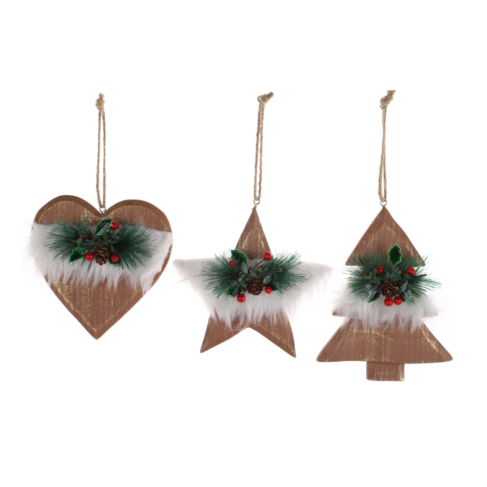 Christmas Hanging Ornaments Wooden Slices Heart Star Tree Pendant with Pine Corn Wreath