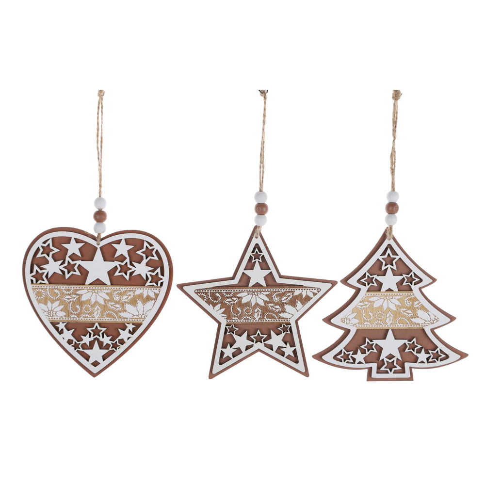 Christmas Vintage Traditional Indoor Home Decor Tree Ornament Wood Heart Star Pendant