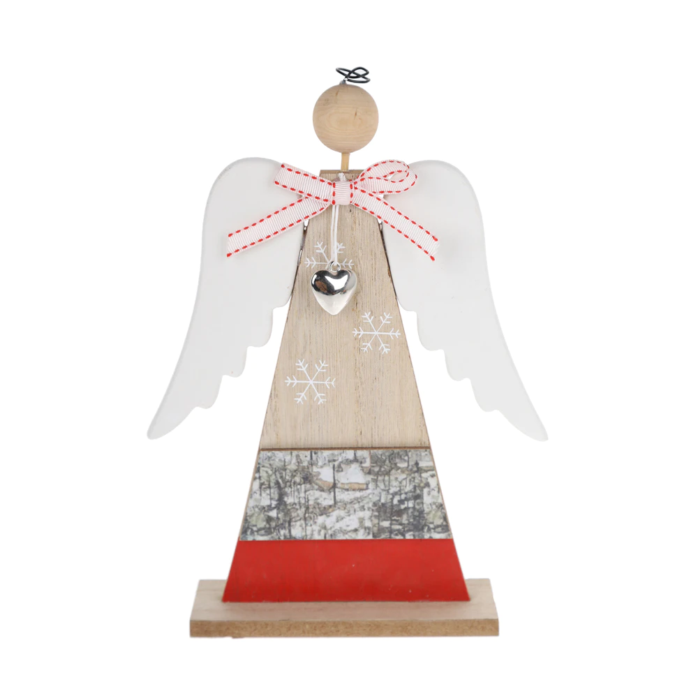 Christmas Home Table Decoration Wooden Standing Angel with Silver Heart Winter Ornaments