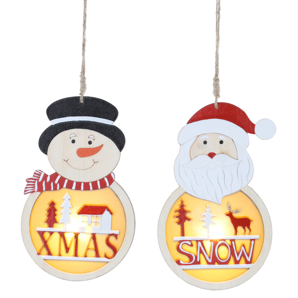 LED Light Up Christmas Santa Hanging Decorations Xmas Hanging Wooden Snowman Figurines Decor