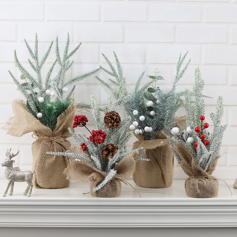 Holiday Home Christmas Decorations Mini Tabletop Christmas Tree with Red Berries Pine Cones